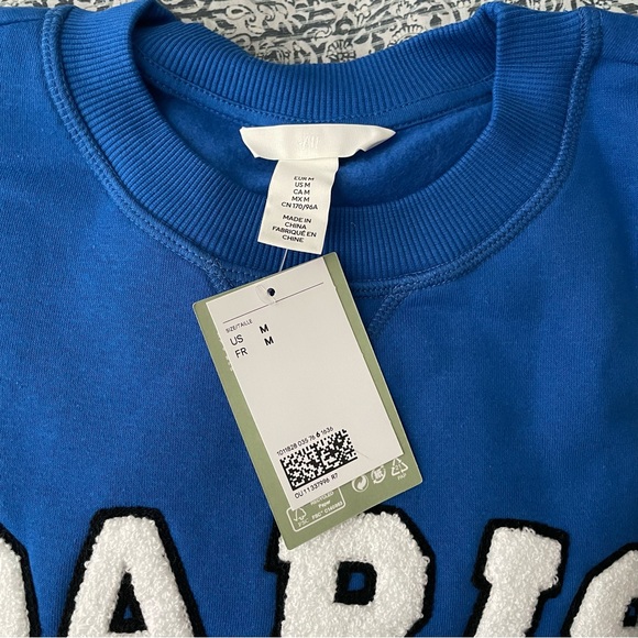 NWT H&M Blue Paris Sweatshirt with Sherpa Letters - Picture 12 of 13